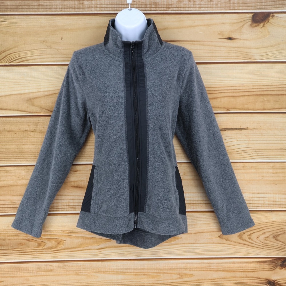 MTA Sport Full Zip Jacket Womens Size M Gray Black Fleece Pockets Mock Neck Soft
